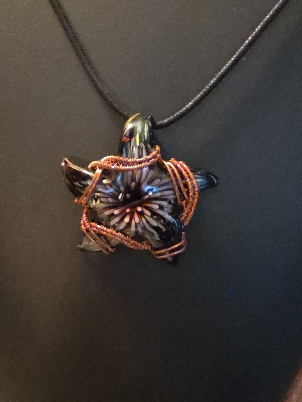 Artisan Pendant Necklace Lampwork Glass Star Wrapped In Copper